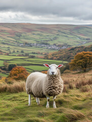 Fototapeta premium Sheep standing on grassy hillside overlooking scenic valley in autumn