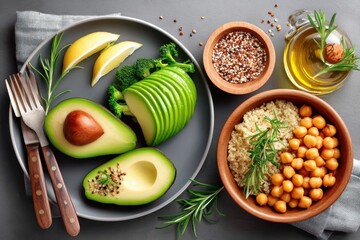 Healthy vegan lunch with avocado, chickpeas, and quinoa on a gray plate