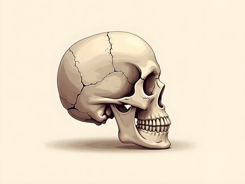 Human skull detailed side view with cracked bone texture flat design illustration