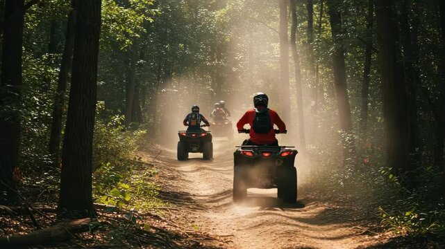 ATV Riders in a Dusty Forest Trail