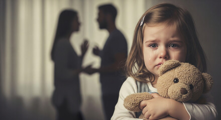 A small child with tears in her eyes hugs a teddy bear tightly against the backdrop of silhouettes of her arguing parents, her parents are blurred in the background