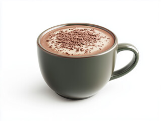Steaming cup of hot chocolate with chocolate sprinkles on white background