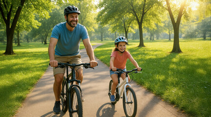 Happy father and daughter riding bicycles together in a sunlit green park, wearing helmets and smiling. Joyful outdoor family activity. Summer morning vibe.