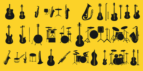 Set of silhouettes of musical instruments such as drums, violins, trumpets and guitars