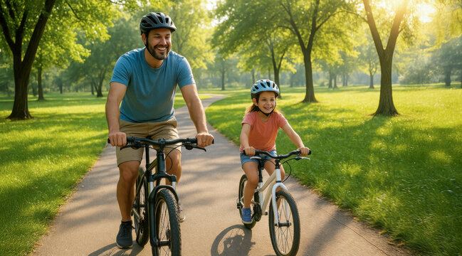 Happy father and daughter riding bicycles together in a sunlit green park, wearing helmets and smiling. Joyful outdoor family activity. Summer morning vibe. - Powered by Adobe