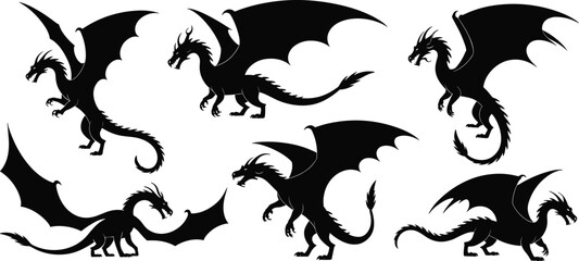  Mythical Dragon Silhouettes Collection: Majestic Fantasy Creatures with Wings, Roaring, Standing, and Flying Poses for Gaming, Storytelling, and Heraldry Design, Vector Graphic Elements