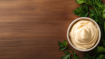 A bowl of creamy mayonnaise sits on a wooden surface, surrounded by vibrant fresh parsley, symbolizing culinary creativity and the joy of cooking with fresh ingredients.
