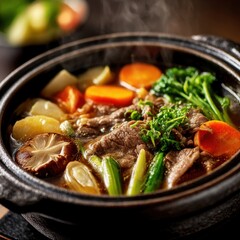 closeup shot ready to serve sukiyaki thinly sliced beef and vegetables simmering in broth on traditional pot minimal background