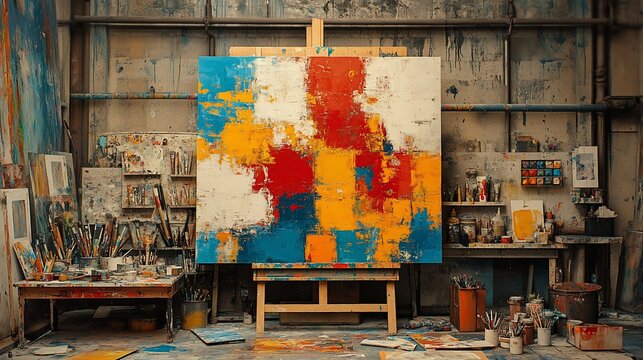 Abstract art on easel in an artist's studio