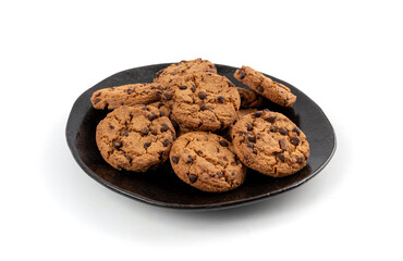 Chocolate chips cookies isolated, American biscuits, cocoa confectionery cake, sweet morsels bakery