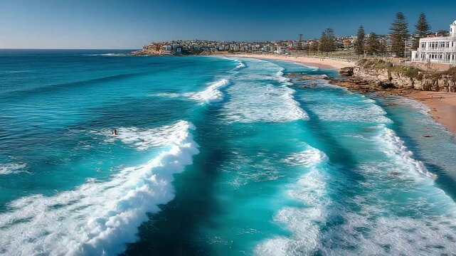 Aerial view of Bondi Beach Sydney Australia featuring surf and ocean waves rolling into the shore