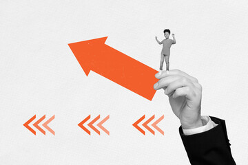 Template sketch image composite collage of huge hand hold arrow show up young girl small age stand goal strategy task win productivity