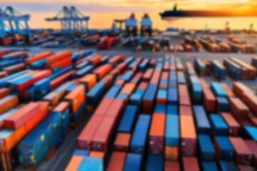 Obraz premium Blurry photo of stacks of containers on the harbor dock ready to be lifted onto a ship with an afternoon sunset, blurry harbor.