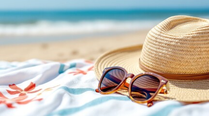 summer holliday beach. A straw hat and sunglasses rest on a beach towel, with a serene ocean backdrop, evoking a relaxed summer vibe.