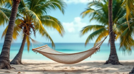 summer holliday beach. A serene beach scene with a hammock nestled between palm trees, overlooking a tranquil ocean and clear blue sky.
