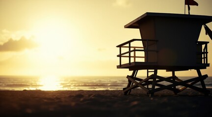 summer holliday beach. Lifeguard tower silhouetted against a golden sunset on a beach, with gentle waves in the background.
