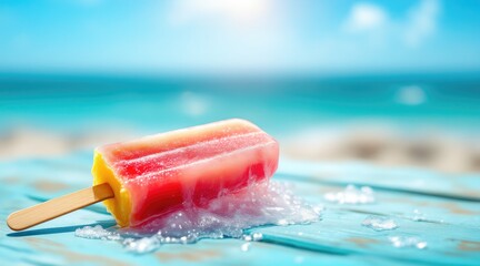 summer holliday beach. A melting popsicle rests on a wooden surface by a beach, with a blurred ocean backdrop under a sunny sky.