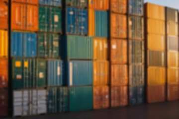 Fototapeta premium Blurry photo of stacks of containers on the harbor dock ready to be lifted onto a ship with an afternoon sunset, blurry harbor.