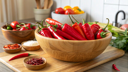 Red Chilies peppers in bowl on table, Red Chili in bowl on table in kitchen