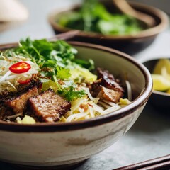 closeup shot ready to serve cao lau Hoi An noodles with pork and herbs in bowl minimal background