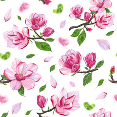 seamless floral pattern with pink magnolias on branches with leaves, watercolor illustration for textiles, packaging, postcards, invitations, notebooks, albums, tableware