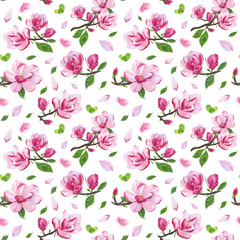 pink magnolia flowers on branches with leaves and buds, seamless pattern, watercolor illustration for textiles, design, packaging, wallpaper, wedding invitations, postcards