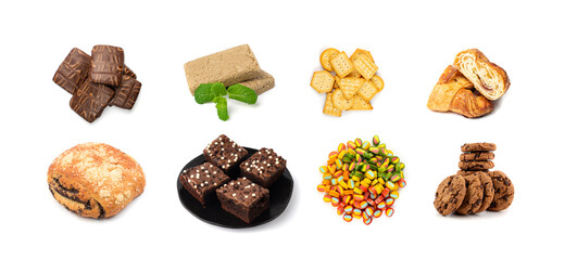 Assorted cakes set isolated. Many biscuit desserts, sweet bakery collage, cookie collection
