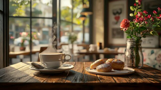 Morning cafe ambiance with sunlit pastries and fresh flowers