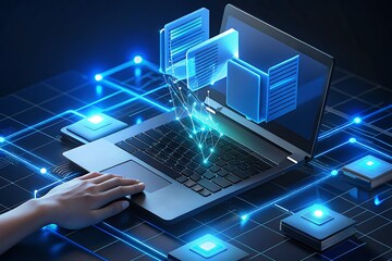 Photo of a hand hovers over a laptop, digital files glowing and connecting in a vibrant blue network