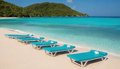 Long chaises on a sand-fin beach with turquoise water