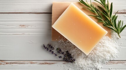 A high-quality artisanal soap rests on a wooden board, surrounded by natural herbs and salts, showcasing a blend of wellness and elegance essential in personal care.