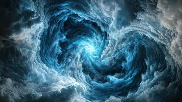 A swirling blue vortex of clouds forms a dramatic, dynamic whirlpool in the sky, creating an intense and otherworldly scene.