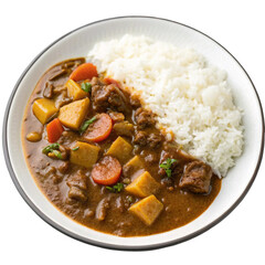 This healthy, hot, traditional beef stew and chicken curry with rice and vegetables is a delicious and spicy meal in a bowl