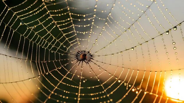A close-up of a dewy spider web glistening in the sunlight, with a spider at its center against a soft, blurred background.