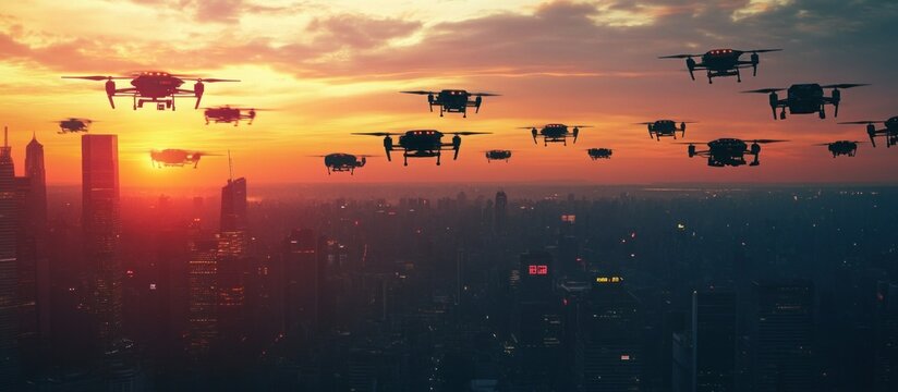 Silhouetted drones over a city at sunset