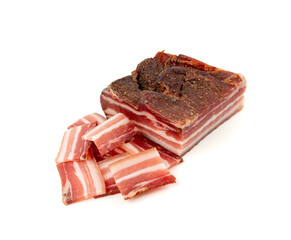 Cured carbonara pork isolated, raw smoked bacon, streaky brisket on white background