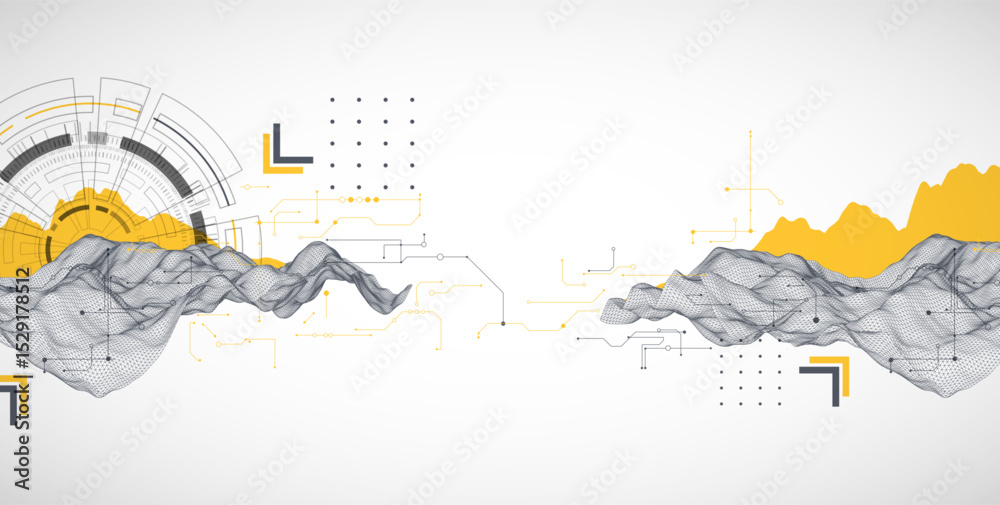 Leinwandbilder Abstract data background with wireframe wave and circuit lines. Technology concept. Vector