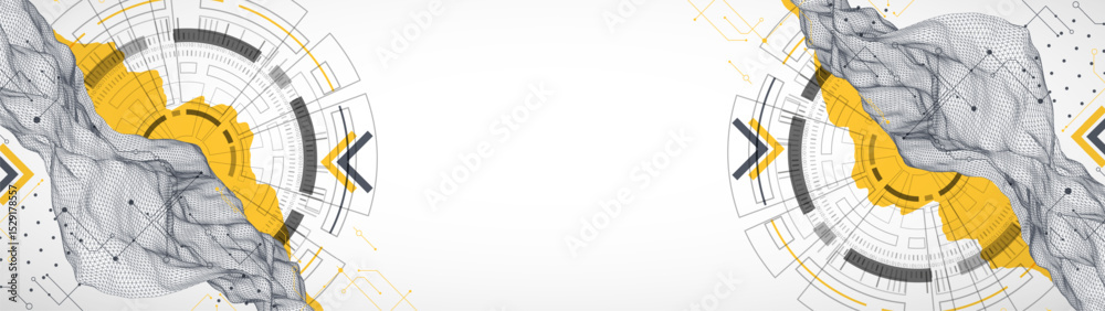 Fototapete Abstract data background with wireframe wave and circuit lines. Technology concept. Vector
