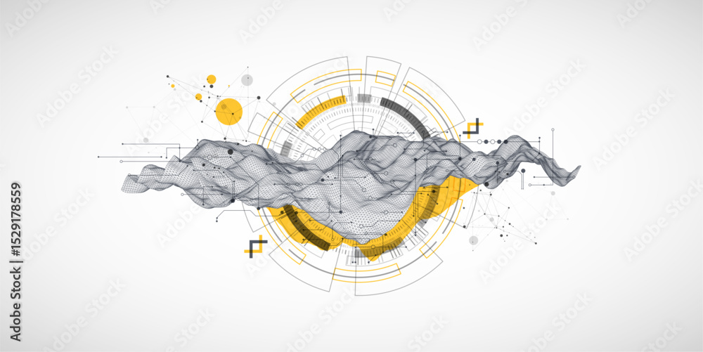 Poster abstract data background with wireframe wave and circuit lines. technology concept. vector