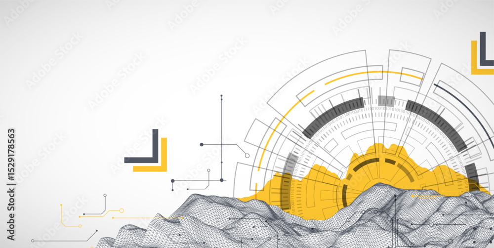 Fototapete Abstract data background with wireframe wave and circuit lines. Technology concept. Vector