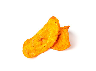 Dry carrot chips isolated, dried sliced red vegetable, healthy crispy snack flakes pile