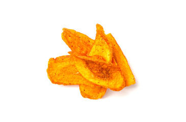 Dry carrot chips isolated, dried sliced red vegetable, healthy crispy snack flakes pile