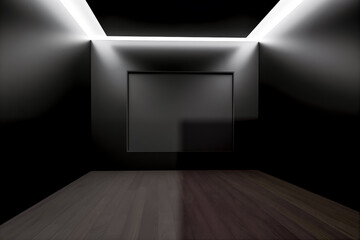 A minimalist interior design featuring a dark room with sleek lines and a blank canvas on the wall.
