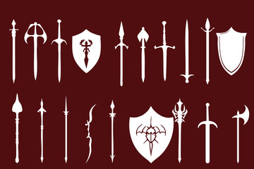 Collection of retro style sword and shield weapons vectors with isolated background