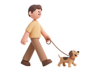 3D cartoon man walking happy dog on leash, daily pet care and exercise routine, isolated on white background