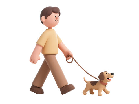 3D cartoon man walking happy dog on leash, daily pet care and exercise routine, isolated on white background