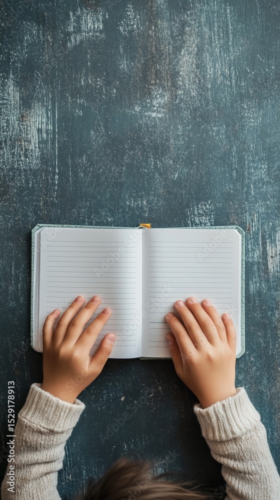 Poster Child student is opening an empty notebook with lined pages on a dark wooden desk, getting ready to take notes or begin a creative writing assignment for back to school