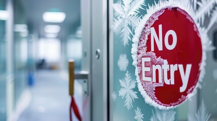 Frozen office door with No Entry sign covered in frost, symbolizing hiring freeze and corporate restrictions, workplace access denied concept.