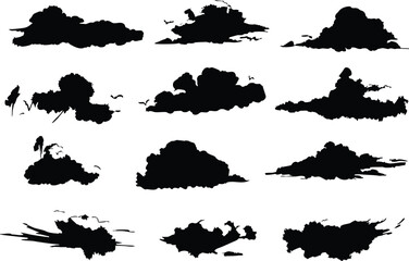 Collection of vector silhouettes of clouds in different abstract shapes on white background