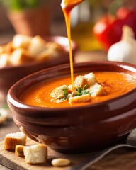 closeup shot ready to serve salmorejo on plate shallow  warm natural lighting studio background